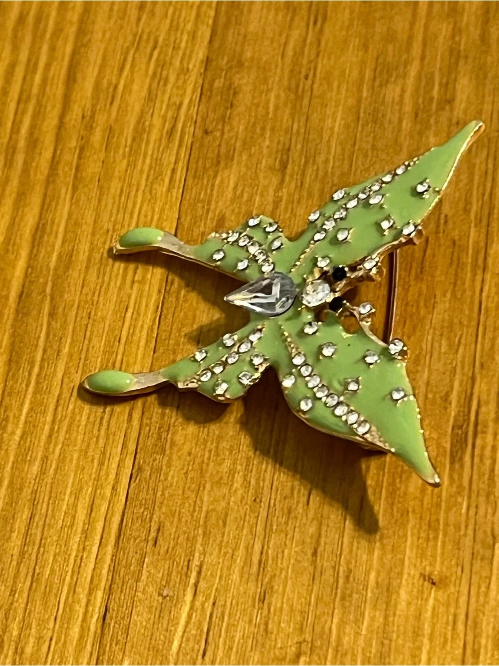 Mint green monarch butterfly brooch gold tone mintgreen enamel rhinestone 1 1/2”
